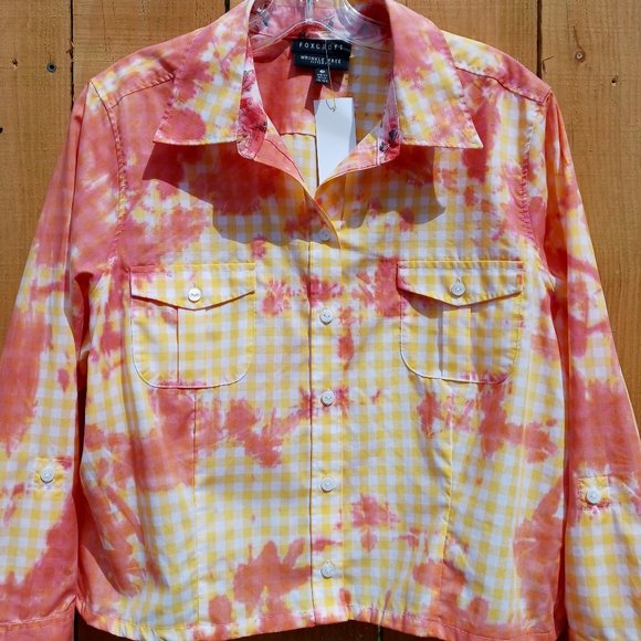 Foxcroft Crop Button Down Top Women's 16 Yellow Gingham Rose Tie Dye Lightweight - Picture 2 of 7